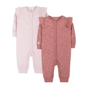 Little Star Organic Baby Girl 0-3M Boho Ruffle Romper Ribbed Terracotta 2PK